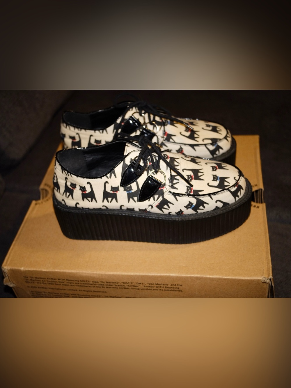 Cat Print Platform Creeper Shoes in Cream and Black